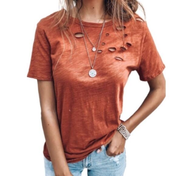 🔥 Orange crew neck distressed tee - Picture 1 of 2